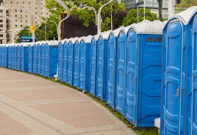 a fleet of portable restrooms ready for use at a large outdoor wedding or celebration in Lynn Haven